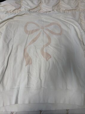 aerie Cream Crewneck Sweater with Pale Pink Bow Graphic